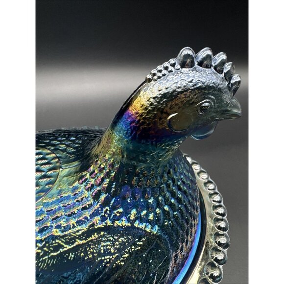 Vintage Indiana Glass Blue Iridescent UV Glow Carnival Hen On Nest EUC - Picture 12 of 16